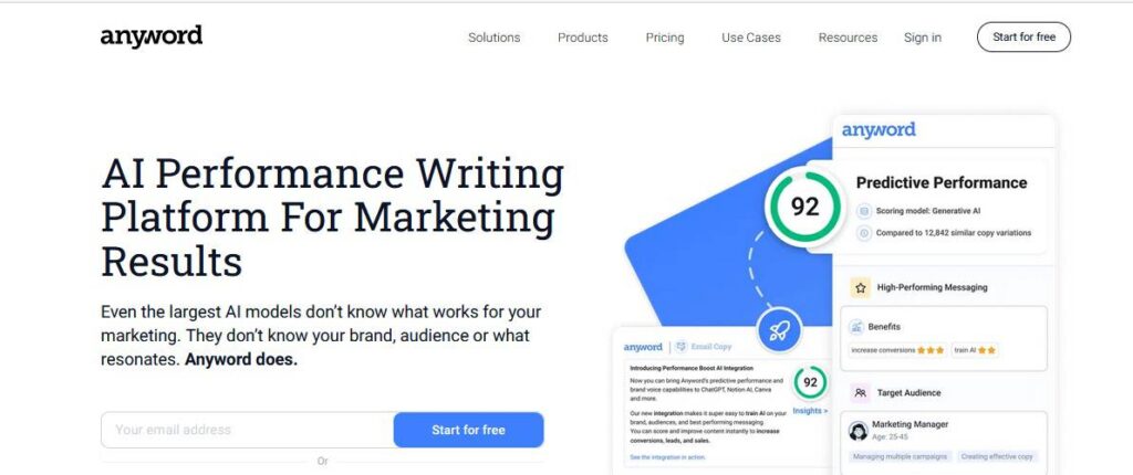 Best AI Copywriting Software tools : Anyword home page