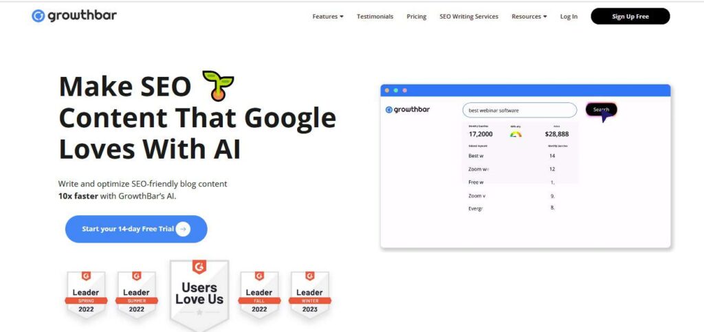 Best AI Copywriting Software tools : GrowthBar home page