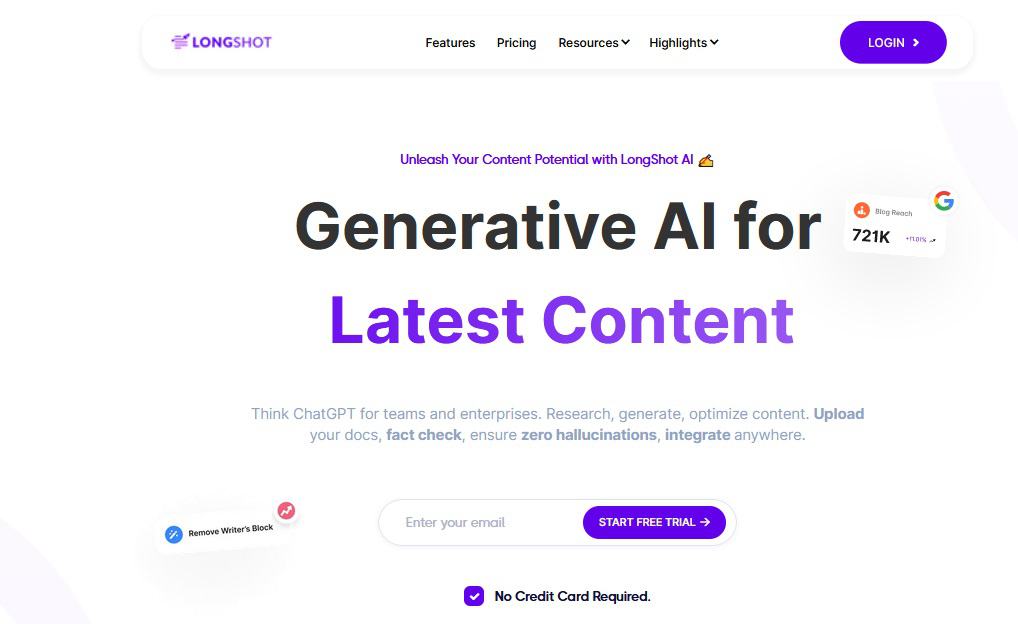 Best AI Copywriting Software tools : LongShot home page