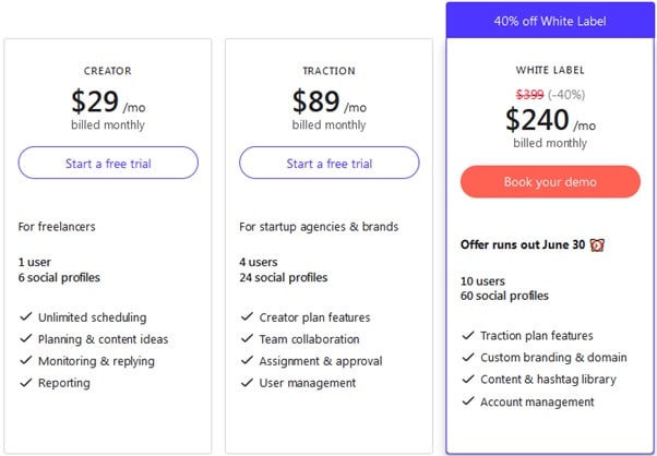 Best content planning tools: Sendible pricing