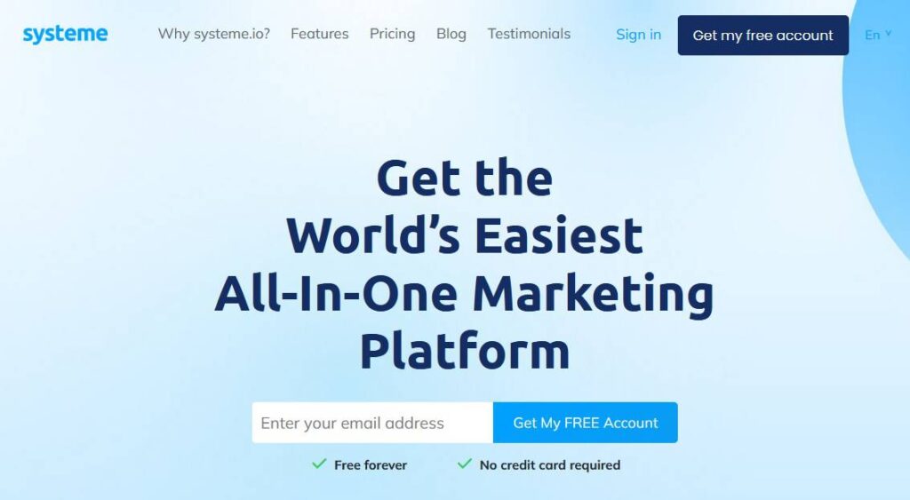 Best Email Marketing Tools: Systeme.io home page